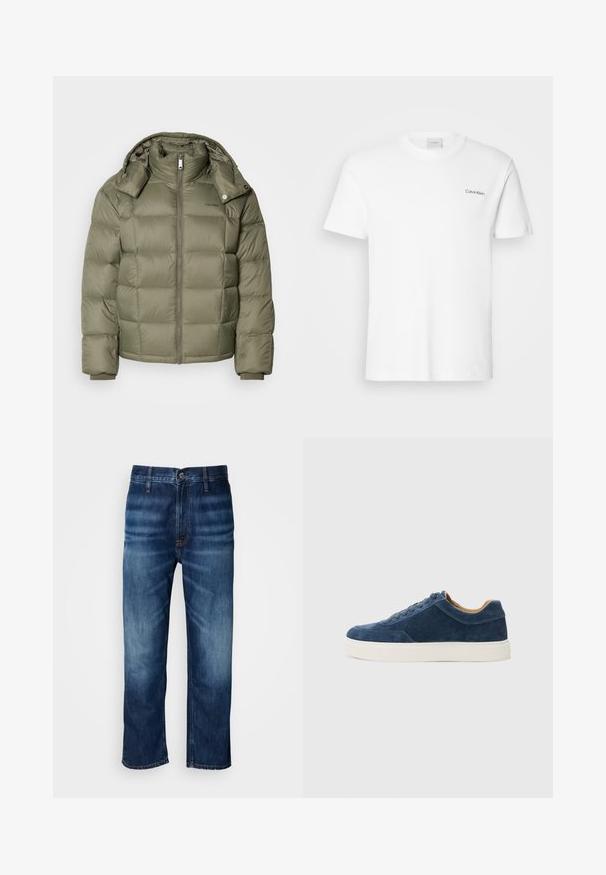 Jakna s punjenjem u maslinastoj boji s patentnim zatvaračem sprijeda, visokim ovratnikom i odvojivom kapuljačom. Ima kvadratne dijelove i elastične manžete.; Bijela pamučna majica kratkih rukava s okruglim izrezom. Ima mali crni logo "Calvin Klein" na lijevoj strani prsnog koša.; Tamno plave traperice ravnog kroja s blagim izbljeđivanjem na bedrima i dugmetom za kopčanje na pojasu, prikazane na bijeloj pozadini.; Plave nubuk teniske s bijelim gumennim potplatom, dizajn na vezivanje, zaobljeni prst i kontrastna bež unutrašnjost. Suptilni detalji šivanja.