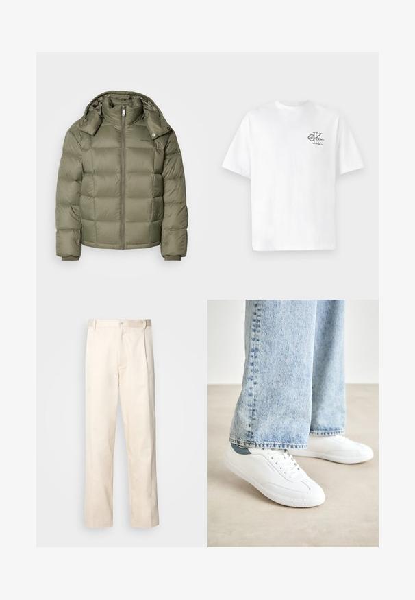 Casaco puffer em verde-oliva com fecho à frente, colarinho alto e capuz destacável. Apresenta seções acolchoadas e punhos elásticos.; T-shirt de algodão branco com mangas curtas, gola redonda, apresentando um logo CK preto na área do peito esquerdo, ajuste padrão, textura suave.; Calças de algodão bege com corte reto, apresentando um fecho de botão e pregas na frente para um detalhe adicional.; Ténis brancos com material suave, design de atacadores, sola de borracha texturizada e um detalhe em teal no calcanhar, combinados com jeans azul claro.