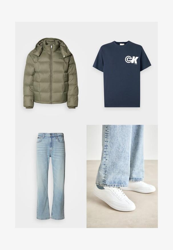 Olíva zöld pufferek a cipzáras elülső résszel, magas gallérral és levehető kapucnival. Tűzött részekkel és rugalmas mandzsettákkal rendelkezik.; Tengerészkék rövidujjú, kerek nyakú póló fehér CK logóval és "Calvin Klein" felirattal a bal mellrészen.; Világoskék farmernadrág egyenes szárú szabással, öt zsebbel, gombos záródással és finom kopással az anyagon.; Fehér sportcipők sima anyagból, fűzős kialakítással, texturált gumitalppal és türkiz színű akcentussal a sarkán, világoskék farmernadrággal párosítva.