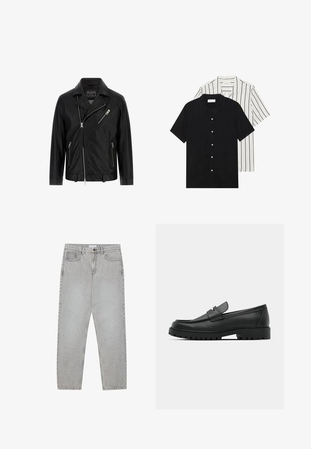 Jachetă de motocicletă din piele neagră, cu guler tip rever, fermoar asimetric în față, două buzunare laterale și un buzunar mic pe piept cu detalii cu fermoar.; Două cămăși cu mânecă scurtă: una complet neagră, iar cealaltă albă cu dungi verticale negre. Ambele au închidere cu nasturi și un guler clasic.; Pantaloni din denim gri deschis cu un design cu picioare drepte, stil cu cinci buzunare și închidere cu nasture. Cusături vizibile de-a lungul cusăturilor.; Mocasini din piele neagră cu vârful rotunjit, având un design cusut, talpă joasă și o talpă din cauciuc texturat, cu crampoane.