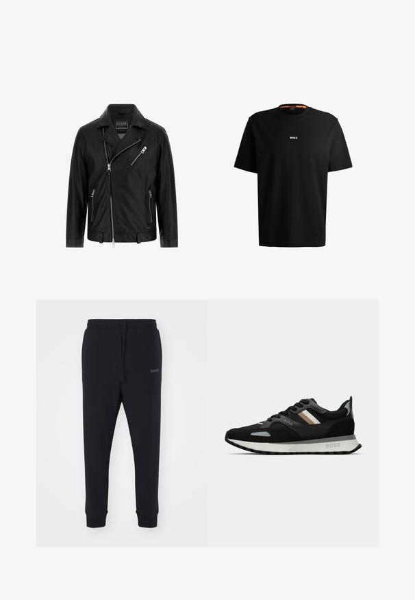 Giacca da motociclista in pelle nera con colletto a rever, zip frontale asimmetrica, due tasche laterali e una tasca sul petto con zip decorativa.; T-shirt nera in cotone con scollatura rotonda, maniche corte e logo bianco "BOSS" centrato sul petto. Texture liscia, vestibilità casual.; Pantaloni della tuta neri realizzati in materiale morbido, con vita elastica, coulisse e gambe affusolate. Presenta un piccolo logo sul lato.; Scarpa da corsa nera con superficie testurizzata, dettagli grigio chiaro e tre strisce orizzontali marroni. Presenta una suola bianca imbottita.