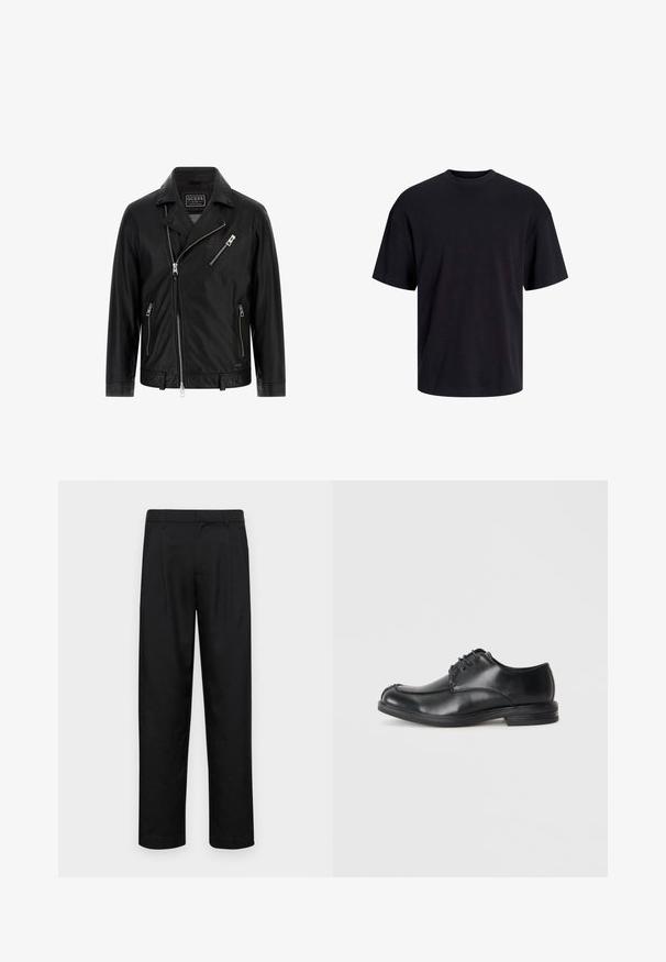 Zwarte leren motorjack met reverskraag, asymmetrische frontrits, twee zijzakken en een kleine borstzak met ritssluiting.; Zwarte katoenen t-shirt met een ronde halslijn, korte mouwen en een relaxte pasvorm. Glad textuur en geen zichtbare patronen of accenten.; Zwarte broeken van gladde stof, met een recht model, twee voorknikken en een standaard tailleband met riemlussen.; Zwarte leren veterschoenen met een ronde neus, een gladde textuur en een lage hak. Kenmerkt zich door stiksel details langs de bovenkant en zijkanten.