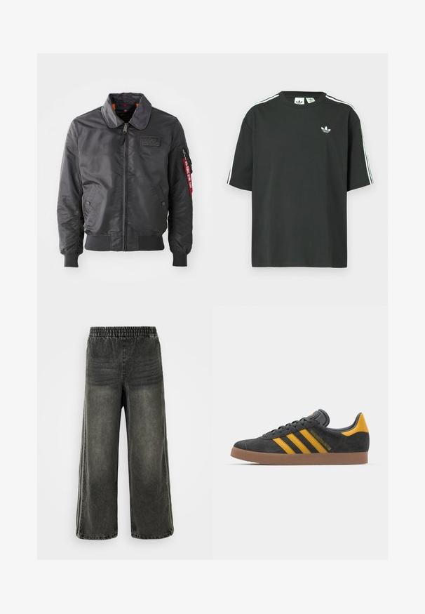 Černá bomber bunda se zipovým zapínáním, širokým límcem, žebrovanými manžetami a pasem. Na hrudi se nachází nášivka a červená visačka na rukávu.; Černé bavlněné tričko s krátkými rukávy, kulatým výstřihem a bílými třemi pruhy na ramenou. Na hrudi je malá bílá logo.; Černé prané denimové kalhoty s elastickým pasem a širokými nohavicemi, s jemnými vertikálními švy na bocích.; Černé semišové tenisky se žlutými akcenty, vybavené třemi pruhy a hnědou gumovou podrážkou. Obsahují polstrovaný jazyk pro pohodlí.