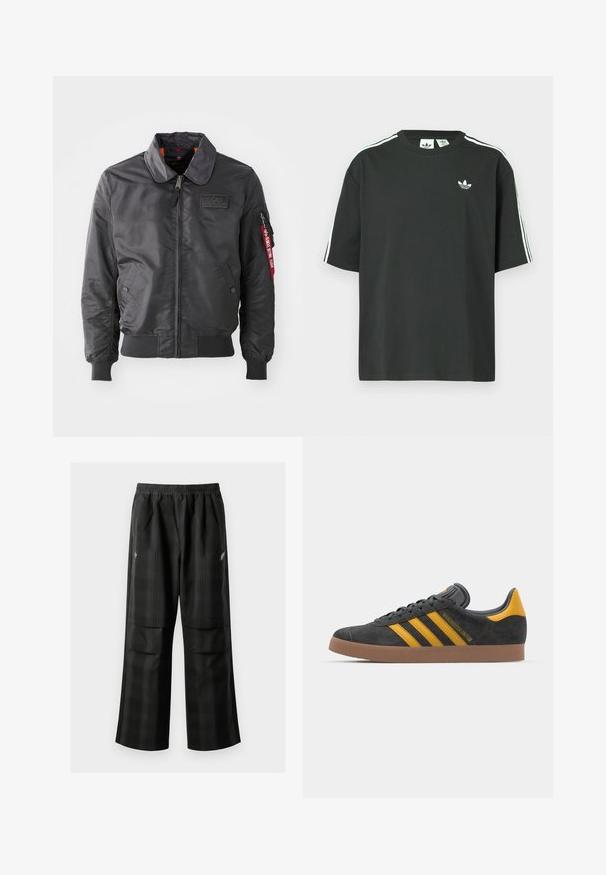 Mustvalge bomber-jakk, millel on lukuga sulgemine, lai krae, soonilised varrukasuu ja vööst. Jakk sisaldab rinnal embleemi ja punast sildi käe peal.; Mustast puuvillast lühikeste varrukatega t-särk, ümmarguse kaelusega ja valgete kolmetriipudega õlgadel. Rinnal on väike valge logo.; Mustas ruudulised püksid, millel on elastne vöökoht, kaks esimest taskut ja laiem lõige sirge jala disainiga. Valmistatud kergest materjalist.; Mustad sametist spordijalatsid kollaste aktsentidega, millel on kolm triipu ja pruun kummitald. Mugavuse tagamiseks on neil pehmendatud keele osa.