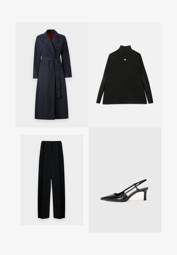 MAX&Co. TECNOLONG - Trench - navy; Maglione nero a collo alto con maniche lunghe, caratterizzato da un piccolo emblema a forma di cuore bianco sul petto. Tessuto morbido e vestibilità rilassata.; Pantaloni neri a gamba larga con vita alta, dotati di pieghe e una texture liscia. Il tessuto sembra leggero e si drappeggia in modo elegante.; Slingback con tacco in vernice nera con punta affusolata, caratterizzato da una stampa a serpente testurizzata, cinturino regolabile e un tacco corto e testurizzato.