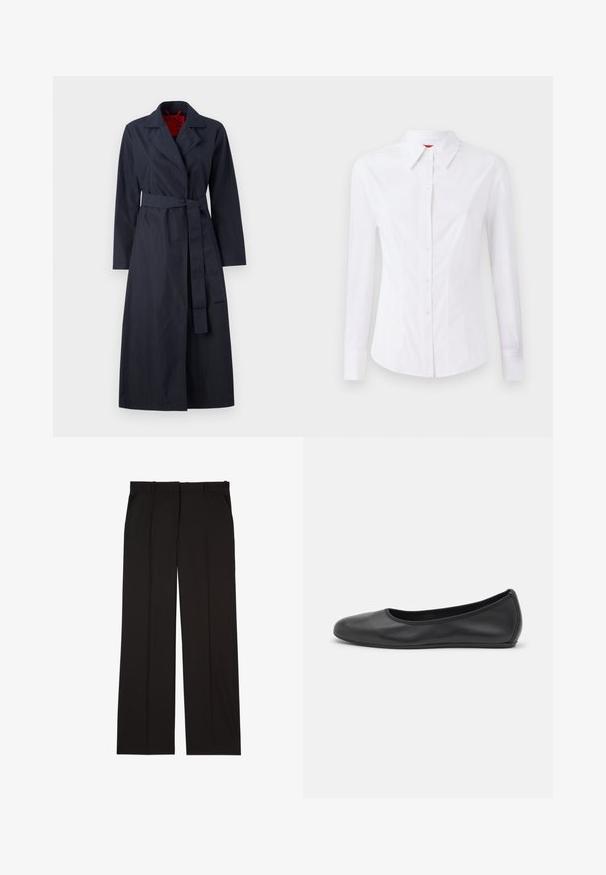 MAX&Co. TECNOLONG - Trenčkot - navy; Bela srajca z dolgimi rokavi in izrezom za ovratnik, sprednjim gumbom in prilegajočim se dizajnom. Gladek bombažni material z subtilnimi šivnimi detajli.; Črne krojene hlače iz gladkega materiala, s straight-leg obliko in dvema stranskima žepoma. Elegantna in minimalistična zasnova.; Črne usnjene balerinke z zaobljenim nosom, gladko teksturo, minimalnimi šivi in fleksibilno zasnovo podplata.