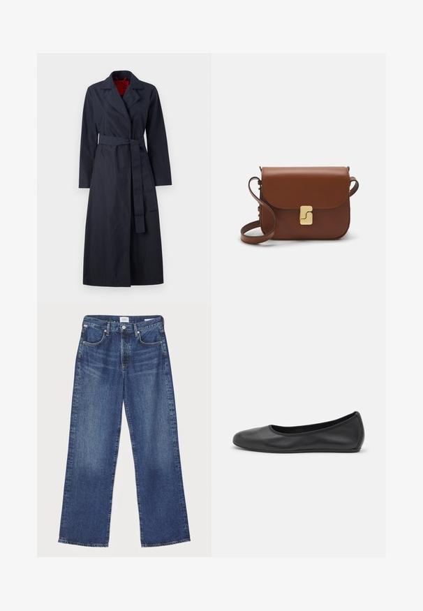 MAX&Co. TECNOLONG - Trenčkot - navy; Bílé dlouhé rukávy košile s špičatým límcem, předním zapínáním na knoflíky a přiléhavým střihem. Hladká bavlněná tkanina s jemnými detaily šití.; Citizens of Humanity ANNINA - Džíny Straight Fit - westwood dark indigo; Černé kožené baletní byty s kulatou špičkou, hladkou texturou, minimálními švy a flexibilním designem podrážky.; Hnědá kožená kabelka s klopou, zlatými kovovými detaily, ramenním popruhem a hladkým povrchem. Kompaktní obdélníkový tvar.