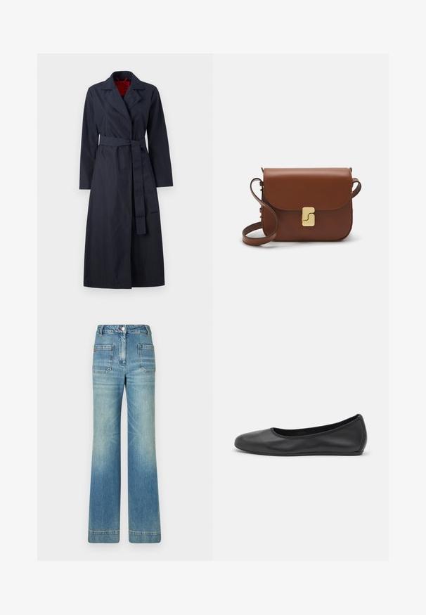 MAX&Co. TECNOLONG - Šineļveida mētelis - navy; Balta īsām piedurknēm T-krekls, izgatavots no ribota auduma. Apaļš izgriezums, regulāra piegriezuma un diskrēti šuvumu detaļas. Bez printiem vai grafikām.; Gaiši zili džinsi ar platām kājām, piecām kabatām, jostām, pogas aizdari un viegli nolietotu tekstūru, ar sarkanu logotipu uz aizmugures.; Melna ādas baleta kurpe ar noapaļotu purngalu, gludu tekstūru, minimālu šuvju detalizāciju un elastīgu zoles dizainu.; Bordo ādas rokas soma ar atloku, zeltītām detaļām, plecu siksnu un gludu virsmu. Kompakta, taisnstūrveida forma.