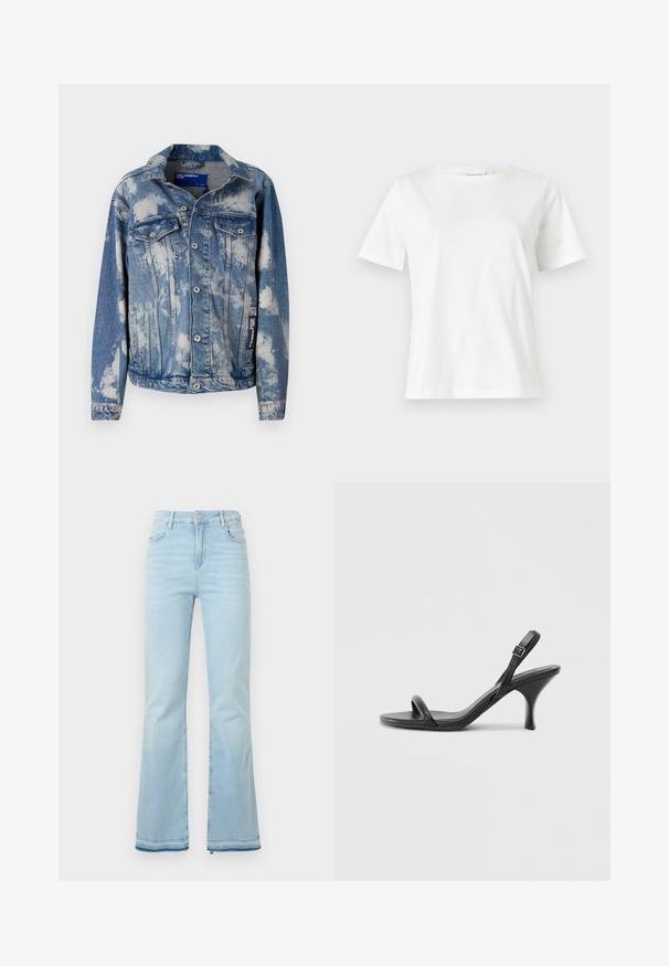Denimjakke i lys blå farge med skyaktige hvite mønstre. Har to brystlommer, trykknapper og en klassisk kragedesign.; Hvit bomull t-skjorte med korte ermer, rund hals og avslappet passform. Glatt tekstur, ingen mønstre eller detaljer, minimalistisk design.; Lyseblå flagrende jeans laget av denim, med høy midje, frontlommer og rå kant ved mansjettene for et uformelt utseende.; Sorte skinnhøye hæler med en slank, buet hæl og et kryssrem-design. Justerbar ankelrem. Glatt tekstur.