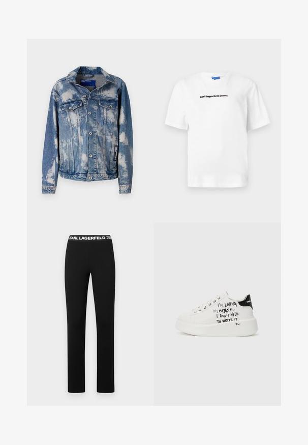 Δερμάτινο τζάκετ σε ανοιχτό μπλε χρώμα με λευκά σχέδια που μοιάζουν με σύννεφα. Έχει δύο τσέπες στο στήθος, κουμπιά με κλιπ και κλασικό σχέδιο γιακά.; Λευκό βαμβακερό T-shirt με στρογγυλή λαιμόκοψη και κοντά μανίκια. Στο μπροστινό μέρος έχει εκτυπωμένο μαύρο κείμενο: "karl lagerfeld jeans." Απαλή υφή.; Μαύρα κολάν με φαρδύ, λευκό επώνυμο ζωνάκι. Φτιαγμένα από μαλακό, ελαστικό υλικό με ίσια γραμμή και χωρίς μοτίβα.; Λευκά αθλητικά παπούτσια με μαύρες λεπτομέρειες, διαθέτουν υφασμάτινη σόλα και γραπτό κείμενο στα πλάγια. Απαλή δερμάτινη ύλη.