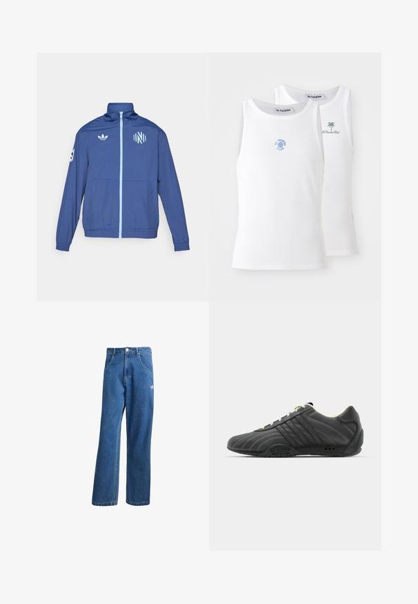 adidas Originals NASHVILLE SC ORIGINALS ANTHEM JACKET - Kluba apģērbs - noble indigo/glow blue; Divi balti bezmugurkaļu krekli, ribotā tekstūrā, ar zilo un zaļo izšūto logotipu. Viens ar saules motīvu, otrs ar palmas motīvu.; Zilas augsta vidukļa platas kāju džinsu bikses ar priekšējiem kabatām, jostas cilpām, pogu aizdari un mazu Adidas logo labajā augšstilbā.; adidas Originals ADIRACER UNISEX - Sporta apavi - core black/cream white