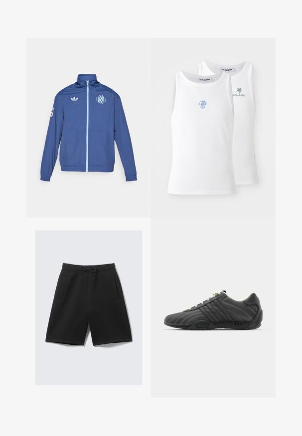 adidas Originals NASHVILLE SC ORIGINALS ANTHEM JACKET - Klubiriided - noble indigo/glow blue; Kaks valget T-särki, ribarebane tekstuur, millel on sinised ja rohelised tikitud logod. Ühel on päikesesool, teisel palmipuu.; Mustad mustad lühikesed püksid, mis on valmistatud pehmest kangast, elastse vöökoha ja paelaga, ning kahest ees olevast taskust. Sile tekstuur, põlveni ulatuv lõige.; adidas Originals ADIRACER UNISEX - Tossud - core black/cream white