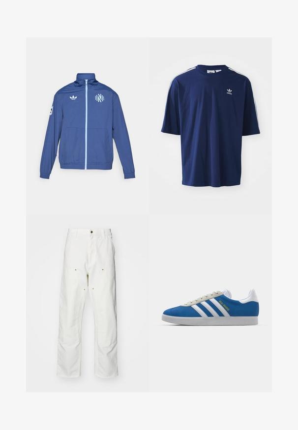 adidas Originals NASHVILLE SC ORIGINALS ANTHEM JACKET - Club wear - noble indigo/glow blue; Navy blue cotton T-shirt with short sleeves, round neck, three white stripes on shoulders, and a small white logo on the chest.; White cotton cargo pants with a relaxed fit. Features include front pockets, gold hardware accents, and reinforced knee sections.; adidas Originals ADIDAS GAZELLE SHOES - Indoor football boots - real madrid/bluebird/footwear white/crew yellow