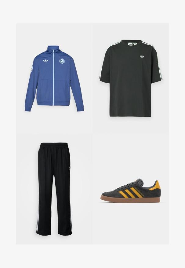 adidas Originals NASHVILLE SC ORIGINALS ANTHEM JACKET - Klubruházat - noble indigo/glow blue; Fekete pamutpóló rövid ujjakkal, kerek nyakkivágással és fehér háromcsíkos mintázattal a vállakon. A mellrészen kis fehér logó található.; Fekete sportnadrág rugalmas derékrésszel, fehér oldalsávokkal és egy kis logóval. Az anyaga lágy és könnyűnek tűnik.; Fekete velúrbőr sportcipő sárga díszítéssel, három csíkkal és barna gumitalppal. Párnázott nyelvével a kényelem érdekében.