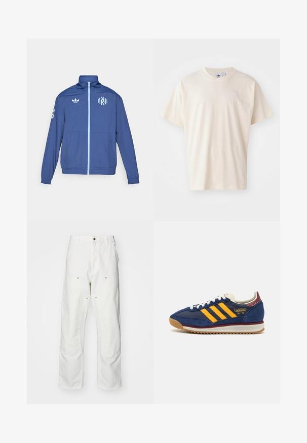 adidas Originals NASHVILLE SC ORIGINALS ANTHEM JACKET - Klubbklær - noble indigo/glow blue; Kremfarget bomullst-skjorte med rund hals og korte ermer; har en liten, lysfarget logo på brystet.; Hvite bomullscargo bukser med avslappet passform. Funksjoner inkluderer frontlommer, gullfargede detaljer og forsterkede knepartier.; Marineblå suede sneakers med gule striper, hvite lisser og burgunder detaljer. Teksturert såle med spor for grep. Merkevarenlogo på siden.