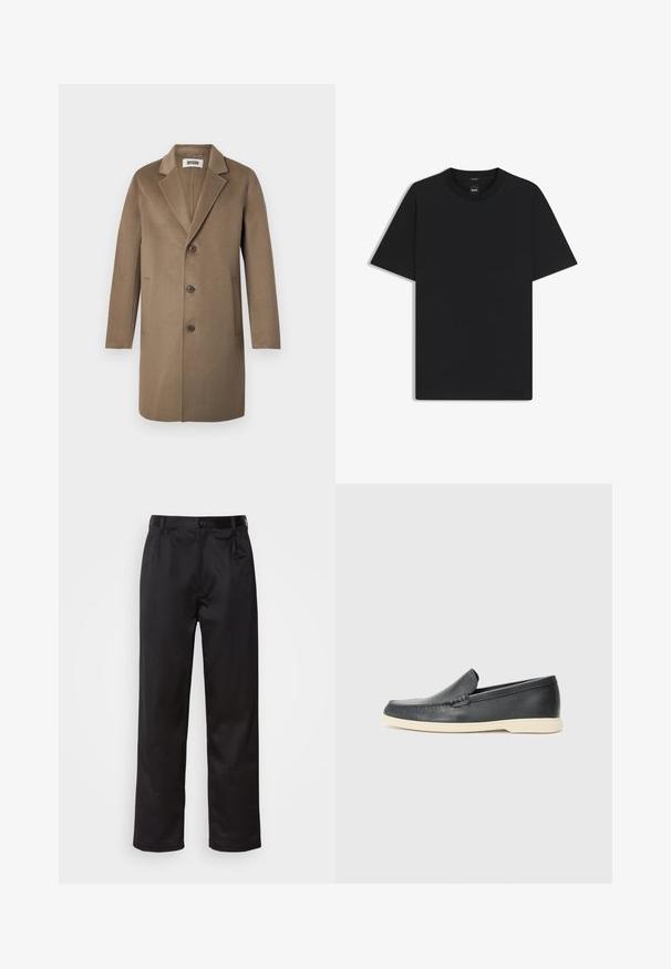 Bruine wollen overjas met een notch-lapel, drie knopen, zijzakken en een gladde textuur. Op maat gemaakte pasvorm met een klassiek ontwerp.; Zwarte korte mouwen T-shirt van een gladde katoenmix, met een ronde halslijn en een minimalistisch ontwerp zonder patronen of accenten.; Zwarte broek van een gladde stof, met een sluiting met een knoop aan de voorkant, plooien en rechte pijpen. Geen zichtbare patronen of accenten.; Zwarte leren instappers met een gestructureerde afwerking en een contrasterende beige rubberen zool. Beschikt over een subtiele accent langs de voorkant.