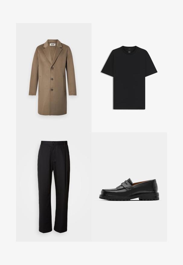 Cappotto in lana marrone con revers a notched, tre bottoni, tasche laterali e una texture liscia. Vestibilità su misura con un design classico.; Maglietta nera a maniche corte realizzata in un morbido misto cotone, con scollatura a girocollo e un design minimalista senza motivi o dettagli.; Pantaloni neri con taglio dritto, realizzati in tessuto leggero. Presentano una chiusura frontale con bottone e due tasche laterali; texture liscia.; I mocassini in pelle nera presentano una cucitura sollevata, due fasce decorative sulla parte superiore e una suola spessa e texture per una maggiore aderenza.