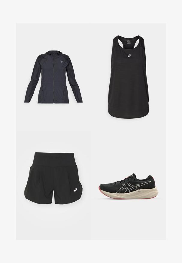 Čierna ľahká bunda s kapucňou, plným zipsom, dvoma bočnými vreckami a kontrastnými čiernymi panelmi na pleciach a rukávoch.; Čierny športový top na ramienka vyrobený z ľahkého materiálu. Má okrúhly výstrih, dizajn s prekríženými ramienkami a malú bielu značku na prednej strane.; Čierne športové šortky s širokým pásom, skladaným dizajnom a malým bielym logom na dolnej ľavej strane. Mäkkučký, ľahký materiál.; Čierna bežecká obuv s vrchnou časťou z mriežky a bielymi akcentmi. Obsahuje vyžarovaný stredný podrážku a červené detaily na podrážke. Ľahká konštrukcia.