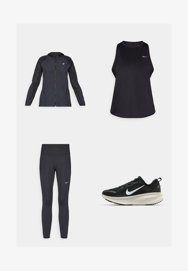 Veste légère noire avec capuche, fermeture éclair intégrale, deux poches latérales et panneaux noirs contrastants sur les épaules et les manches.; Débardeur de course sans manches noir, fabriqué dans un matériau léger, avec un col rond ; présente un logo discret et des fentes sur les côtés pour une meilleure respirabilité.; Leggings noirs en tissu extensible, dotés d'une taille haute et d'un logo Nike blanc sur la cuisse gauche. Texture lisse, design ajusté.; Baskets de course noir Nike avec tige respirante en mesh, logo swoosh blanc, détails texturés et semelle intermédiaire ZoomX de couleur crème.