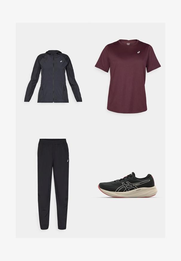 Black lightweight jacket with a hood, full zipper, two side pockets, and contrasting black panels on shoulders and sleeves.; Maroon athletic t-shirt made from breathable fabric, featuring short sleeves and a round neckline, with a small logo detail on the chest.; Black sports pants featuring an elastic waistband, tapered legs with cuffs, made of a lightweight, smooth material, and a small logo on the thigh.; Black running shoe with a mesh upper and white accents. Features a cushioned midsole and red outsole detail. Lightweight design.