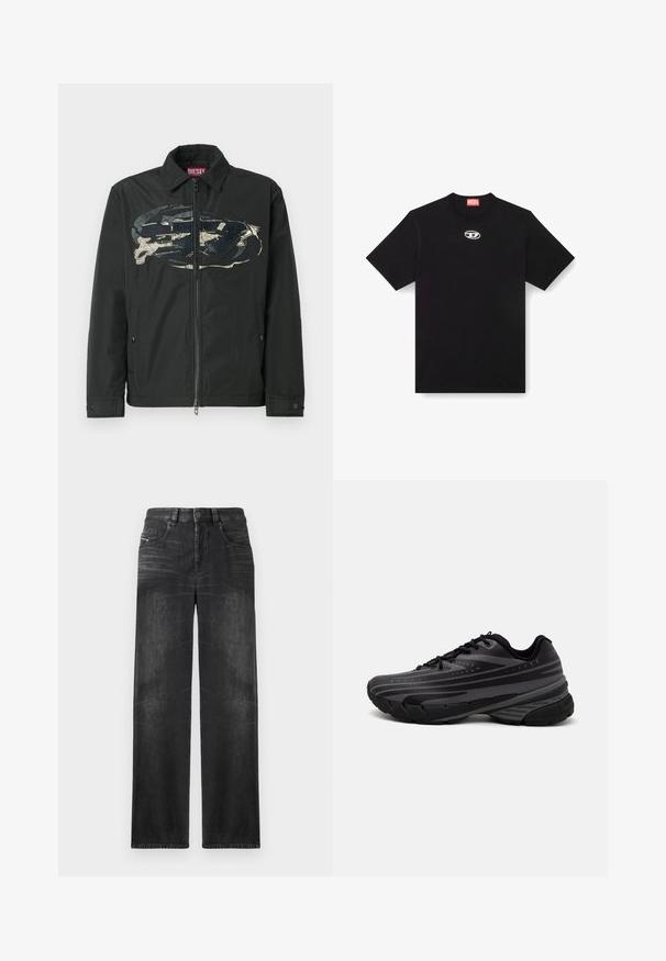 Svart zip-up jakke med spiss krage, med et stort abstrakt design på forsiden i blått og beige. To sidelommer.; Svart bomull T-skjorte med rund hals og korte ermer. Har en liten, sølvfarget logo brodert på midten foran.; Sorte jeans med rett ben i denim, med fem lommer, beltehemper, og subtil fading på stoffet for tekstur.; Svarte joggesko med en teksturert overdel som har grå striper. Tykk såle for demping, rund tå og flate snører for en sikker passform.