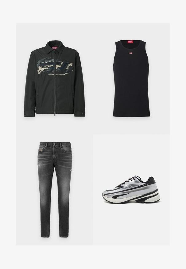 Črna jakna z zadrgo in usnjatim ovratnikom, ki ima na sprednji strani velik abstrakten vzorec v modri in bež barvi. Dva stranska žepa.; Črna bombažna majica brez rokavov z okroglim izrezom. Majhna rdeča logo Diesel je prišita na prsih. Gladka tekstura, prilegan obliko.; Sivi jeans narejen iz denima, z ozkim krojem, ki ima rahlo abrazirane dele, strgane detajle in tradicionalno gumbno zapiranje.; Tekmovalni čevlji za tek z zgornjim delom iz srebrne mreže, črnimi detajli in belim podplatom. Imajo teksturiran dizajn in črne vezalke. Lahki in oblazinjeni.