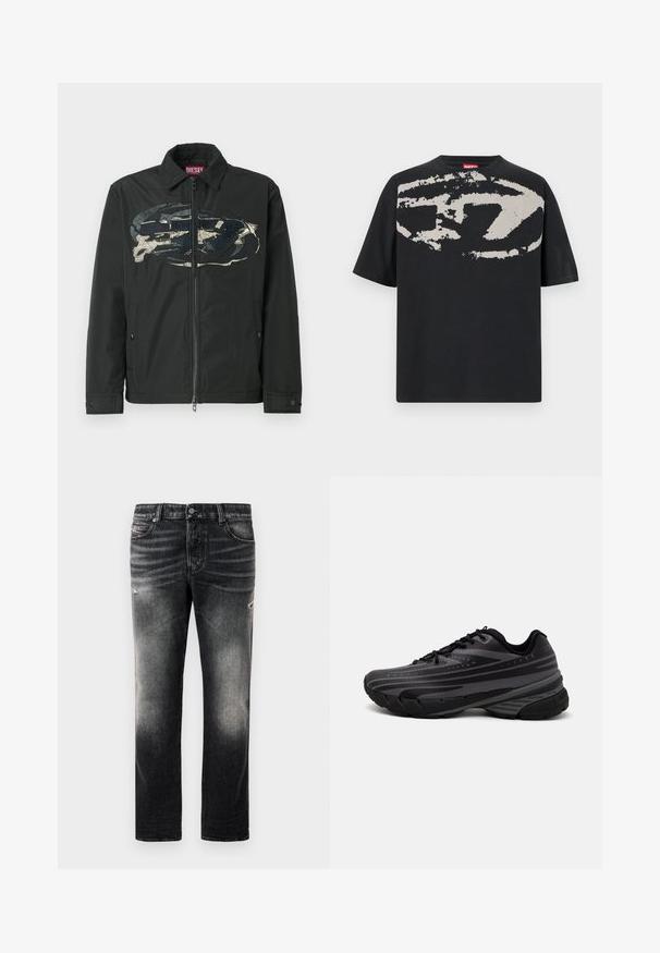 Fekete zippes dzseki hegyes gallérral, az elülső részén nagy, absztrakt kék és bézs mintázattal. Két oldalsó zseb.; Fekete póló, elöl egy nagy, absztrakt világosszürke grafikával. Rövid ujjú és klasszikus kerek nyakkivágással rendelkezik. Pamut anyagból készült.; Fekete farmernadrág, amely elhasználódott hatású és kopott részletekkel rendelkezik, klasszikus öt zsebes dizájnnal és cipzáras záródással. Denim anyagból készült.; Fekete futócipő texturált felsőrésszel, szürke csíkokkal. Vastag talp a párnázottságért, kerek orr, és lapos fűzők a biztos illeszkedés érdekében.