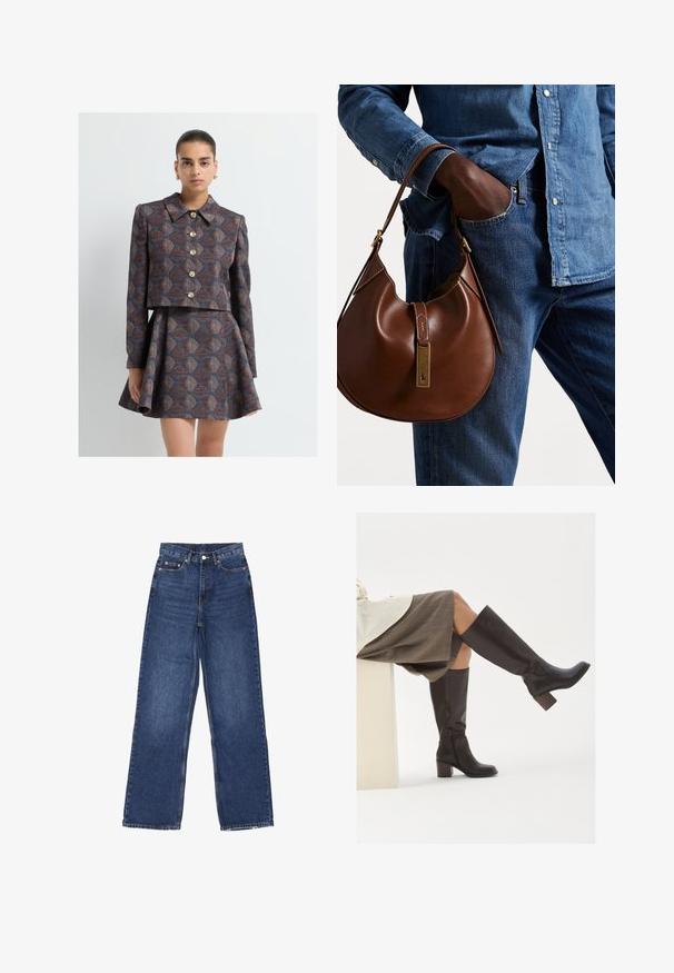 Nainen, jolla on päällä ruskeansininen kuvioitu takki, jossa on suuret kultaiset napit, sekä samaan tyyliin sopiva leveälahkeinen hame, seisoo yksinkertaista valkoista taustaa vasten.; Kaksi hihattomaa ribbikuvioista poolopaitaa ruskeana ja mustana, esillä yksinkertaisella valkoisella taustalla.; Korkeavyötäröiset, leveälahkeiset siniset farkut, joissa on nappikiinnitys, viisi taskua ja hieno haalistuma kankaassa.; Ruskea nahkainen polvipituiset saappaat, joissa on neliön muotoinen varvas, paksu korko ja sivuvetoketju. Luja rakenne ja kiiltävä pinta.; Ruskea nahkainen hobo laukku pyöreällä muotoilulla, jossa on kultaiset yksityiskohdat ja kontrastiväriommeltu. Yhdistetty farkkupaitaan ja farkkuihin.