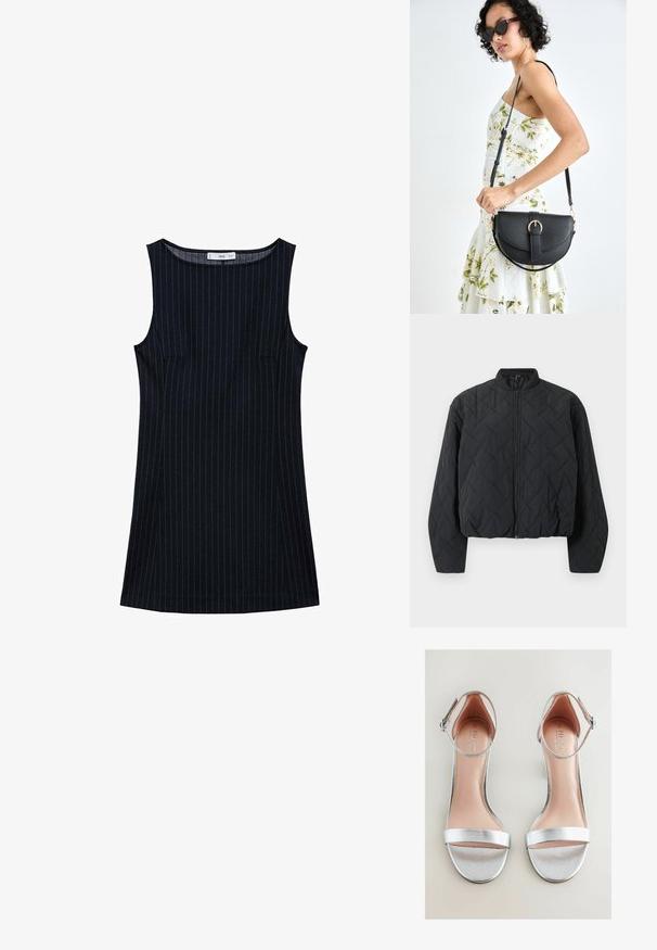 Jachetă bomber neagră matlasată, cu guler ribat, fermoar complet în față și mâneci ample. Suprafața texturată prezintă un model în diamant.; Rochie fără mâneci, de culoare bleu marin, cu dungi verticale, cu o croială dreaptă, având buzunare laterale și un decolteu rotund. Textură de material neted.; Sandale cu toc înalt, argintii, cu un finisaj metalic, curea elegantă pentru gleznă și o bandă frontală lată. Tălpică ușor căptușită cu logo-ul mărcii.; Geantă din piele neagră, cu o formă curbată, curea detașabilă și accesorii aurii. Geanta are un capac cu un detaliu tip cataramă.