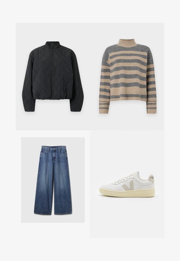 Chaqueta bomber negra acolchada con cuello de canalé, cierre frontal de cremallera completa y mangas amplias. La superficie texturizada presenta un patrón de diamantes.; Suéter de punto a rayas en colores gris y beige, con cuello alto, mangas anchas con puños, y un corte relajado con un diseño recortado.; Jeans de mezclilla azul de pierna ancha con un acabado desgastado, que cuentan con un cierre de botón y cremallera, cinco bolsillos y cinturas.; Zapatilla de piel blanca con acentos de ante beige, caja de puntera perforada, cordones planos y suela texturizada en color crema. Cuenta con un branding sutil en el talón.