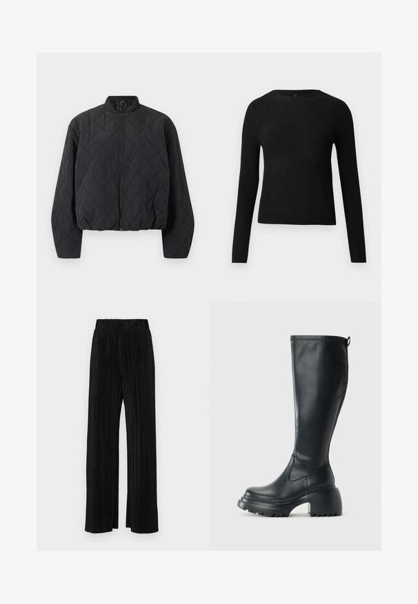 Töltött fekete bomberdzseki bordázott gallérral, teljes hosszúságú cipzárral, széles ujjakkal. A textúrált felületen gyémánt mintázat található.; Fekete bordázott, hosszú ujjas, testhez simuló pulóver kerek nyakkivágással, világos, egyszínű háttér előtt kiemelve.; Fekete pliszírozott nadrág gumis derekkal. Széles lábakkal rendelkezik, sima, texturált anyagból készült, függőleges csíkokkal.; Magas fekete bőrcipő, vastag platform talppal és blokk sarokkal, húzófüllel és texturált profillal az outsole-on.