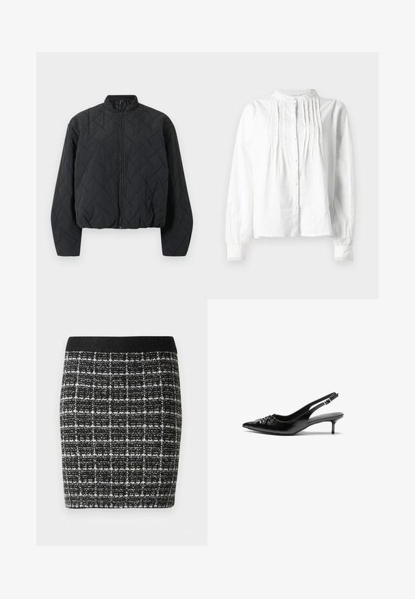 Quiltana crna bomber jakna s rebrastim ovratnikom, punim patentnim zatvaračem sprijeda i širokim rukavima. Tekstura površine sadrži dijamantni uzorak.; Bijela bluzica dugih rukava s uspravnim ovratnikom, vertikalnim nabranim detaljima na prednjem dijelu, zatvaranjem na gumbi i čipkastim rubovima manžeta.; Karirana suknja u crno-bijeloj boji s teksturiranim materijalom, koja ima crni pojas i prilagođen siluetu.; Crne kožne sandale na petu s remenom oko pete, špicastim vrhom, niskom petom u stilu kitten i naboranim detaljem na gornjem dijelu. Glatka tekstura i minimalistički dizajn.