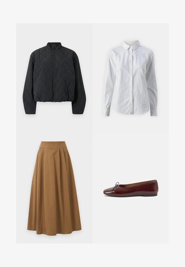 Prošívaná černá bomber bunda s vroubkovaným límcem, plně zapínací na zip a širokými rukávy. Texturovaný povrch má diamantový vzor.; Bílá košile na knoflíky vyrobená z hladké bavlny, s klasickým límcem, dlouhými rukávy a zakřiveným spodním lemem. Knoflíky jsou malé a bílé.; Hnědá bavlněná sukně ve stylu A s vysokým pasem, se sklady na přední straně a hladkou texturou. Lemování je čisté a jednoduché.; Burgundské lakové baleríny s kulatou špičkou, malou mašlí vpředu a nízkou černou gumovou podrážkou. Hladký povrch.
