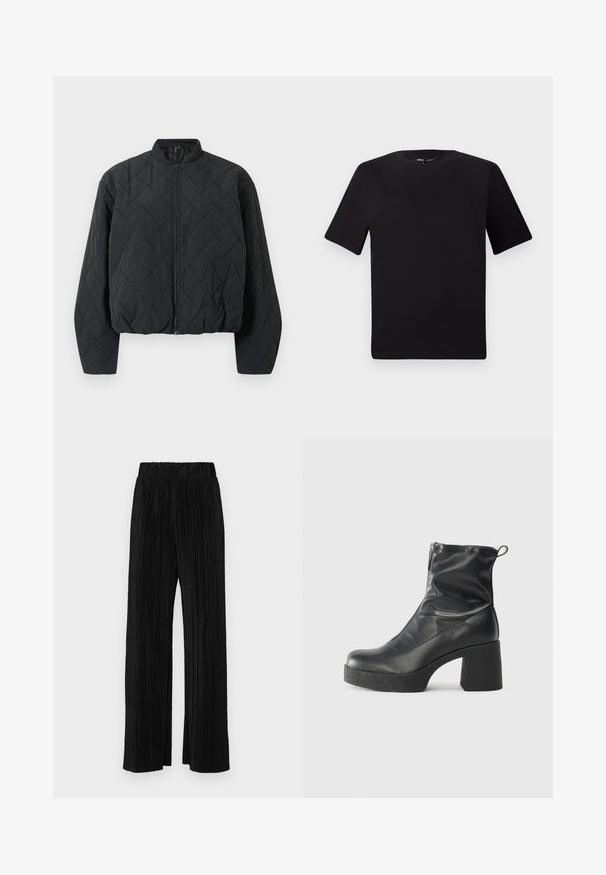 Töltött fekete bomberdzseki bordázott gallérral, teljes hosszúságú cipzárral, széles ujjakkal. A textúrált felületen gyémánt mintázat található.; Fekete, rövid ujjú póló, kerek nyakkal, puha pamutból készült. Egyszerű dizájn, nincs látható logó vagy minta.; Fekete pliszírozott nadrág gumis derekkal. Széles lábakkal rendelkezik, sima, texturált anyagból készült, függőleges csíkokkal.; Fekete bokacsizmák sima bőrből, oldalsó cipzárral, vastag, texturált sarkú és lekerekített orrú dizájnnal.