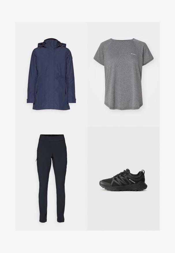 Jūrų laivyno vandeniui atspari striukė su aukštu apykakle, reguliuojama gobtuvu ir dviem šoniniais kišenėmis. Pabrėžia tiesų kirpimą ir elegantišką dizainą be papildomų dekoracijų.; Pilkas trumpas rankovėmis marškinėliai su subtiliu tekstūriniu raštu, apvalia iškirpte ir Columbia logotipu ant krūtinės. Minkšta medžiaga, laisvas kirpimas.; Juodi sportiniai medvilniniai kelnių modeliai su siauru kirpimu, elastinga juosmens juosta ir šonine kišene su užtrauktuku. Lygus, elastingas audinys su minimaliais siūlės.; Columbia PEAKFREAK - Turistiniai batai - black