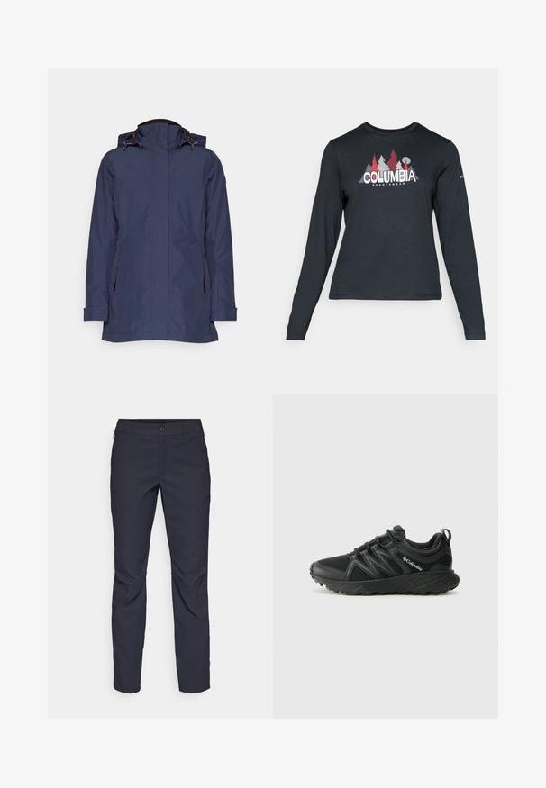 Navy waterproof jacket with a high collar, adjustable hood, and two side pockets. Features a straight cut and sleek design without additional embellishments.; Long-sleeve dark gray shirt with a graphic of red trees and mountains; "COLUMBIA" logo in bold white text. Soft fabric, standard crew neck.; Navy blue pants made of smooth fabric, featuring a front button closure, slim-fit design, and creased detailing at the knees.; Columbia PEAKFREAK - Hiking shoes - black