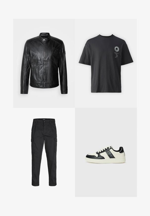 Strellson PIERS - Leather jacket - black; Black cotton t-shirt with short sleeves, round neck, and front graphics of a sun and moon, accompanied by text "Le Soleil et La Lune."; Black cargo pants made of sturdy fabric, featuring multiple pockets, a button closure, and a slim fit design with tapered legs.; Leather sneakers with a black and cream color scheme, featuring perforated accents, a padded collar, and a textured outsole.