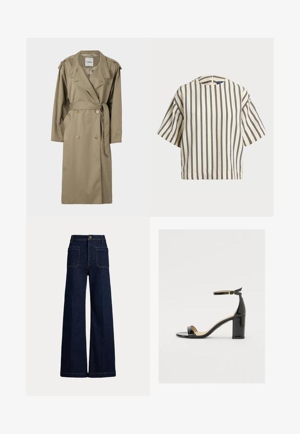 Kreminis paltas su dvigubomis sagomis, diržu sutrauktas liemuo ir šoninės kišenės. Apdaila su petnešomis ir klasikiniu apykaklės dizainu.; Kreminės ir tamsiai mėlynos juostelės trumpų rankovių marškinėliai, turi apvalų iškirpimą ir dėžutės tipo dizainą, pagaminti iš tekstūruotos medžiagos.; Plati kojų tamsiai mėlynos džinsinės kelnės su aukštu liemeniu, penkių kišenių dizainu ir kontrastingomis siūlėmis. Yra mygtuko uždarymas ir struktūrizuota forma.; Juodas lakinės odos sandalai su plačiu kulnu, atvira koja ir kulkšnies juostele, turinčia auksinę sagtį. Lygi tekstūra ir elegantiškas dizainas.