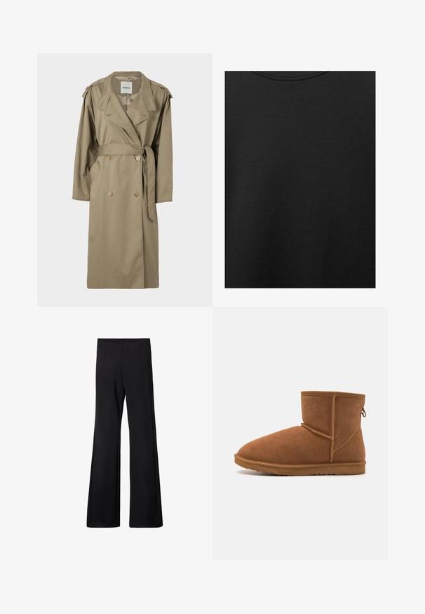 Béžový trenčkot s dvojřadým zapínáním, opaskem v pase a bočními kapsami. Obsahuje ramenní vycpávky a klasický límec.; Černá bavlněná tkanina s hladkým povrchem a kulatým výstřihem, s jemným, rovnoměrným zrnem. Žádné viditelné loga ani akcenty.; Černé rozšířené kalhoty s elastickým pasem, vyrobené z měkké, elastické tkaniny, s hladkým povrchem a bez viditelných vzorů či kovových doplňků.; Hnědé semišové kotníkové boty se zaoblenou špičkou, flexibilní gumovou podrážkou a zesílenými švy. Součástí je poutko na zadní straně.