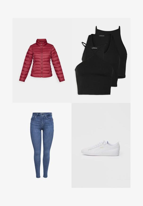 Punane puffjakker, millel on kõrge krae, pikad varrukad ja eesmine lukku. Horisontaalne tikandikujundus sujuva ja kergest tekstuuriga.; Mustad lühikesed topid pehmest, venivast kangast õhukeste rihmadega ja ristuvate elementidega. Omab ümarat kaelust ja õmblusteta viimistlust.; Sinine kõrge vöökohaga kitsas teksapaar, millel on ees taskud, nupud, lukuklahvi sulgemine ja vöörihmad, esitatud valgel taustal.; Valged madalad Puma tossud, mis on varustatud nööridega esiosas, diskreetse brändingu ka külgedel ja tallal ning sujuva sünteetilise ülemise osaga igapäevaseks kandmiseks.