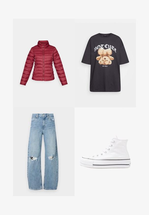 Sarkans pūkainais mētelis ar augstu apkakli, garām piedurknēm un priekšējo rāvējslēdzēju. Horizontāli kvadrātveida dizains ar gludu, vieglu tekstūru.; Melna, pārmērīga t-kreklu, kurā attēlots lācis ar uzrakstu "NAV MIERĪGS, BET VILKIS" treknos baltos burtiem. Izgatavots no kokvilnas materiāla.; Gaiši zili, augstās vidukļa džinsi, kas izgatavoti no denima. Iespējas plašas kājas, divas plēstas ceļa daļas un klasiskā piecu kabatu dizains.; Balti augstie kanvas sporta apavi ar melnu gumijas zoli, priekšējo gumijas purngalu un sešām acīm lencēm, kuriem ir tīrs, minimālistisks dizains.