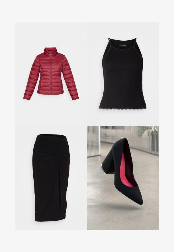 Rød dunjakke med høj krave, lange ærmer og lynlås foran. Horisontalt kviltet design med en glat, let tekstur.; Sort ribbet tanktop med bølget blondekant forneden. Har tynde stropper og en tætsiddende pasform. Fremstillet af strækbart materiale.; Sort, rynket blyantskørt med bindebånd og en sidelæg. Fremstillet af et strækbart stof, der har en glat overflade og en tætsiddende pasform.; Sort højhælet sko med spids tå, struktureret overflade og et livligt pink interiør. Har en kraftig hæl med sølvdetaljer.