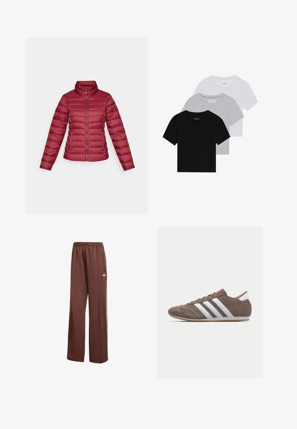 Red puffer jacket with a high collar, long sleeves, and a front zipper. Horizontal quilted design with a smooth, lightweight texture.; Set of three short-sleeve t-shirts in black, gray, and white. Made from cotton, featuring a crew neck and a simple, solid color design.; Brown athletic pants with a relaxed fit. Made of smooth fabric, featuring side pockets, white stripes, and a small white logo on the thigh.; Brown suede athletic shoe with white stripes, round toe, lace-up design, and gum rubber sole. Textured upper with stitching details.