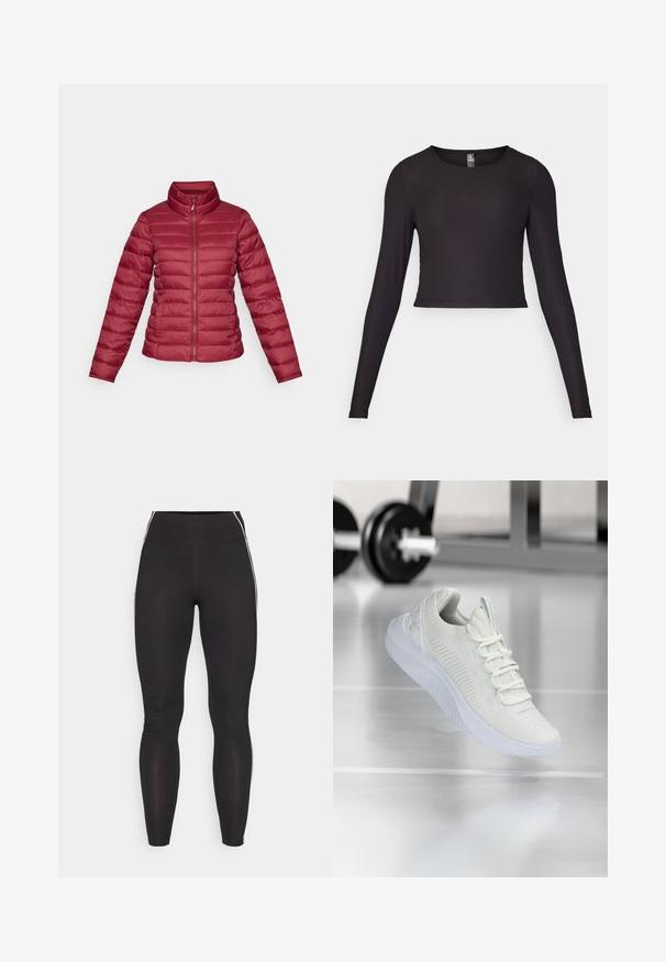 Doudoune rouge avec un col montant, des manches longues et une fermeture éclair sur le devant. Design matelassé horizontal avec une texture lisse et légère.; Haut cropped à manches longues noir en tissu côtelé. Il présente un col rond et une silhouette ajustée avec une surface texturée.; Leggings noirs en matériau extensible avec une taille haute. Ils présentent des rayures blanches sur les côtés et une texture lisse tout au long.; Sneaker de sport blanche avec une tige en maille texturée et un système de laçage, dotée d'une semelle blanche rembourrée et de subtiles accents striés.