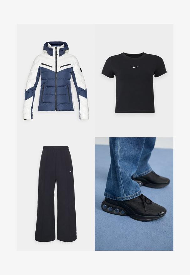 Párnázott dzseki sötétkék és fehér színű, chevron mintázattal, cipzáras zsebekkel és gombos kapucnival.; Fekete, rövid ujjú póló, pamutból készült, kerek nyakkivágással. A mellkasán fehér Nike logó található, minimális dizájnnal és testhez simuló formával.; Fekete, bő szárú nadrág rugalmas derékpánttal és egy kis fehér Nike logóval. Anyaga sima tapintású, kényelmes és mindennapi viseletre lett tervezve.; Fekete sportcipők hálós felsőrésszel, textúrázott részletekkel és a talpban látható lég párnázó zsebekkel. Kék farmernadrággal viselve.
