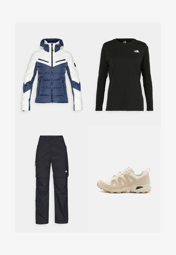 Padded jacket featuring a navy blue and white color scheme, chevron design, zippered pockets, and a hood with button closures.; Black long-sleeve t-shirt made of cotton with a round neck. Features a small white logo on the left chest area. Simple design and fit.; Black nylon zip-off cargo trousers with adjustable cuffs, multiple pockets, and a logo on the right leg. Smooth, lightweight texture.; Beige and cream athletic shoe with textured mesh upper, supportive overlays, and rubber outsole featuring a tread pattern for traction.