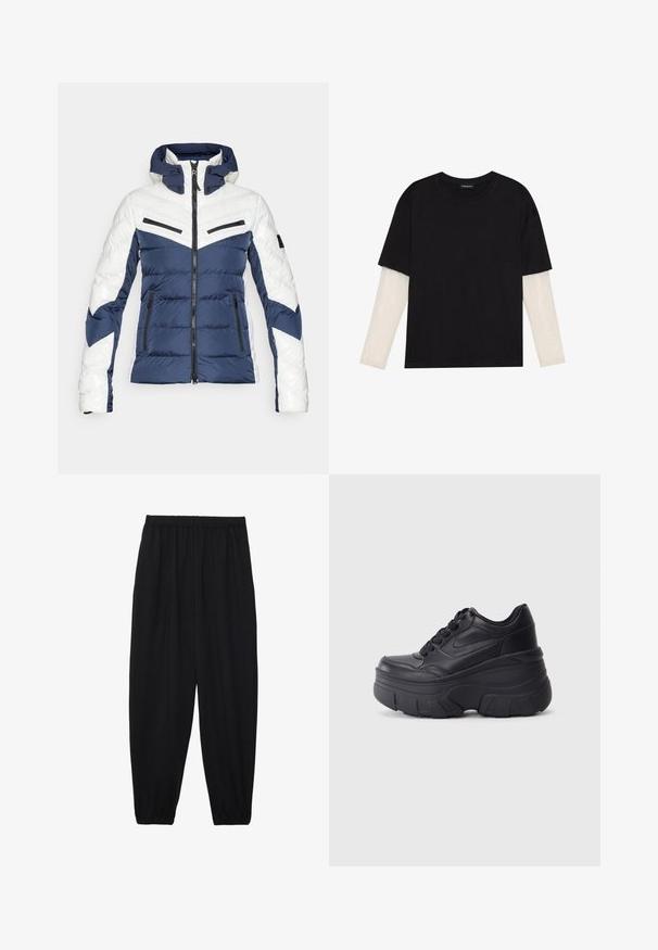 Polsterdatud jakk, millel on tumesinine ja valge värvigamma, v-sooneline muster, lukuga taskud ja nööbiga kapuuts.; Mustmust särk, mis on valmistatud puuvillast, lühikeste varrukatega, valge pika varrukaga kihi peal, millel on peene tekstuuriga muster. Ümar kaelus.; Mustad, kerge kangas püksid elastse vöökoha ja kokku volditud pahkluudega. Kanga pind on sile ja disain on lõdvestunud, kitsenev.; Mustad mustaga värvi kingad, millel on paks tald, sile nahk peals, ümar nina ja eristuva kihilise platvormi disain.