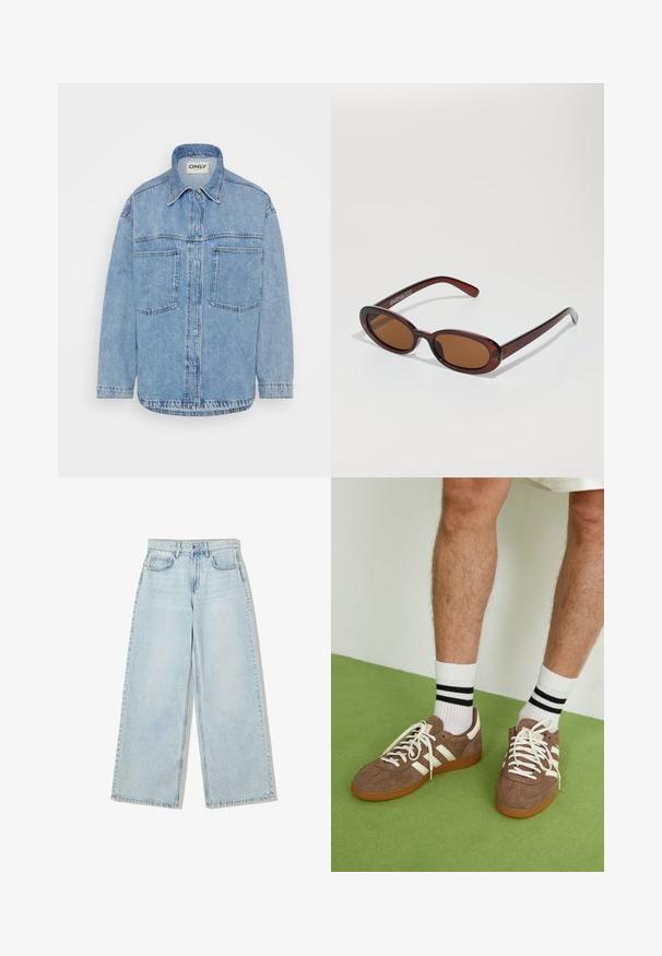 Hellblaues Denim-Hemdjackett mit Kragen, vorderer Knopfverschluss, zwei Brusttaschen und langen Ärmeln. Strukturiert, mit geradem Saum.; Langärmliges Oberteil aus cremefarbener Stoff, mit leichter Raffung an den Seiten und klassischem Kragen. Sanfte Textur, schlichtes Design.; Helle blaue, weite Jeans aus Denim mit hoher Taille, fünf Taschen und sichtbaren Nähten entlang der Nähte.; Braune Wildleder-Sneaker mit weißen Akzenten und Schnürsenkeln. Gummisohle in Kautschuk-Optik. Getragen mit weißen Socken, die schwarze Streifen haben. Grüner strukturierter Fußboden.; Runde, braun getönte Sonnenbrillen mit einem glänzenden burgunderfarbenen Rahmen. Schlanke Bügel mit dezentem Branding. Flaches Linsendesign.; Braune, geflochtene Lederhandtasche mit einer lässigen, dreieckigen Form. Verfügt über einen geflochtenen Griff und einen Reißverschluss an der Oberseite.