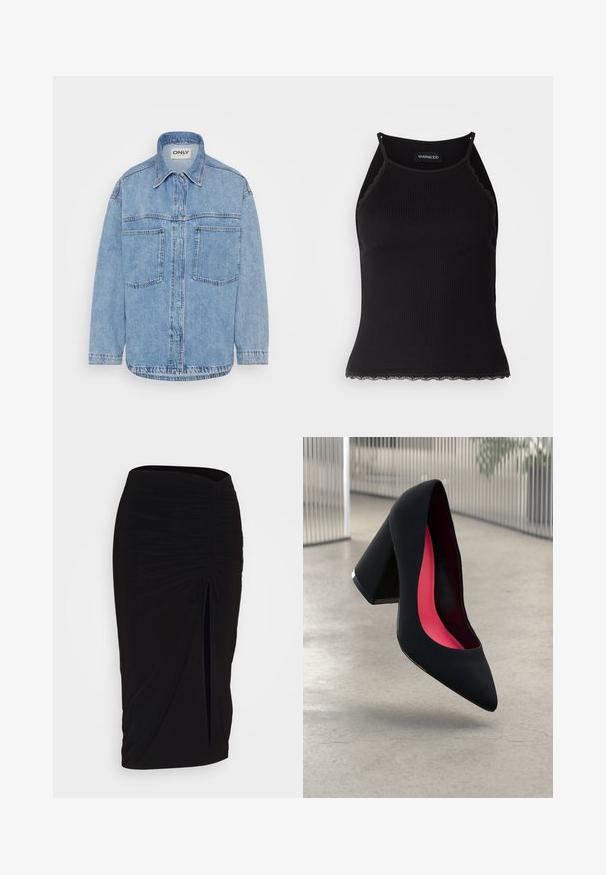 Lichtblauwe denim overhemdjas met een kraag, sluiting met knopen aan de voorkant, twee borstzakken en lange mouwen. Textuurstof, rechte zoom.; Zwarte geribbelde tanktop met een scallooped kanten rand aan de onderkant. Heeft dunne bandjes en een aansluitend ontwerp. Gemaakt van rekbare stof.; Zwarte, gerimpelde kokerrok met strikdetail en een zijsplit. Gemaakt van een rekbaar stof, met een soepele textuur en een aansluitend ontwerp.; Zwarte hoge hak met een spitse neus, textuur op het oppervlak en een opvallend roze interieur. Beschikt over een chunky hak met zilveren accent.