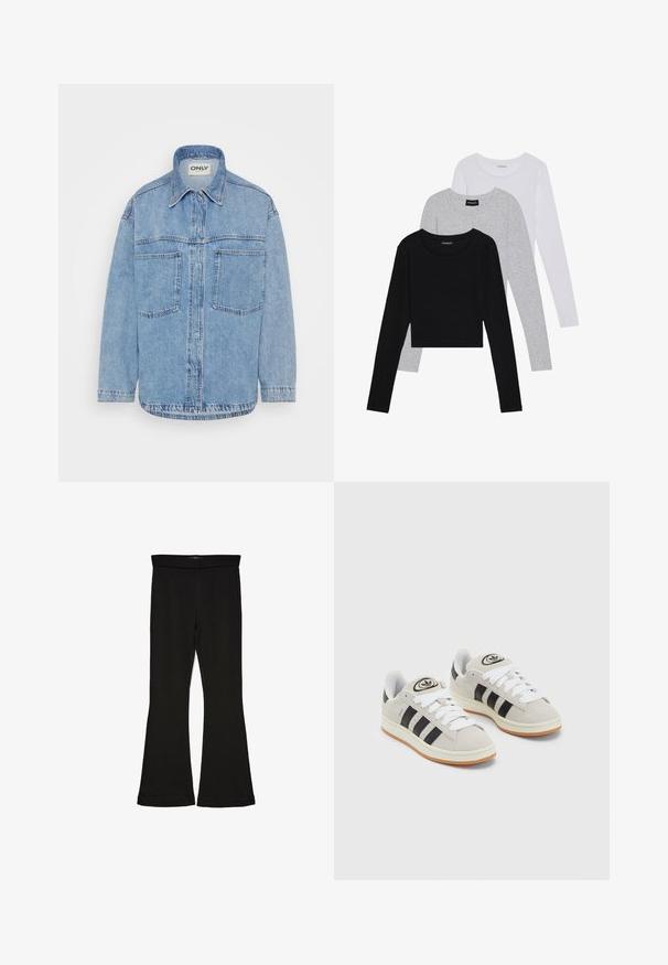 Világoskék farmer ingdzseki, gallérral, elülső gombos záródással, két mellzsebbel és hosszú ujjal. Textúrált anyag, egyenes alsó szegély.; Három hosszú ujjú póló egymásra rakva: fekete, szürke és fehér. Mindegyiknek kerek nyaka van, és rövidített fazonnal rendelkezik, sima, könnyű anyagból készült.; Fekete trapéz leggings rugalmas anyagból készült. Széles derékpánttal és sima textúrával rendelkezik, illeszkedő sziluettje van, amely a szegélyen kigyullad.; Szürke velúr sportcipők fehér fűzővel, fekete csíkokkal és fehér gumitalppal. A nyelvén kör alakú logó található, illetve a talpa színes gumi.